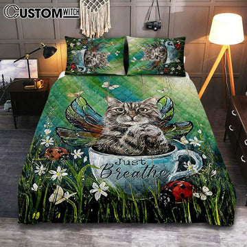 Tabby Cat Just Breathe Quilt Bedding Set Art - Christian Bedroom Decor - Gift For Cat Lover