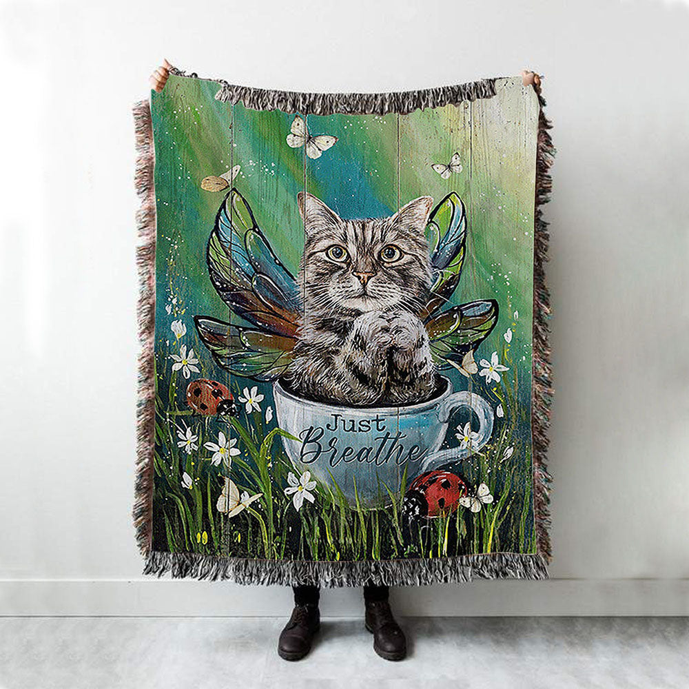 Tabby Cat Just Breathe Woven Blanket Art - Christian Throw Blanket Decor - Gift For Cat Lover