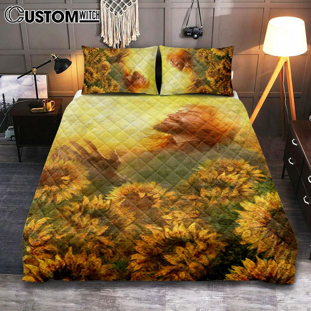 Take A Deep Breath Jesus And Beautiful Sunflower Quilt Bedding Set Prints - Jesus Christ Quilt Bedding Set Art - Christian Cover Twin Bedding Decor