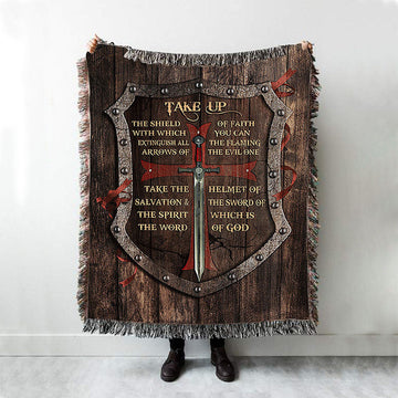 Take Up The Shield Of Faith Shield The Warrior Woven Blanket Print - Inspirational Woven Blanket Art - Christian Throw Blanket Home Decor