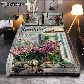 Thankful For Every Moment Lavender Peaceful Hummingbird Quilt Bedding Set Print - Inspirational Quilt Bedding Set Art - Christian Bedroom Home Decor