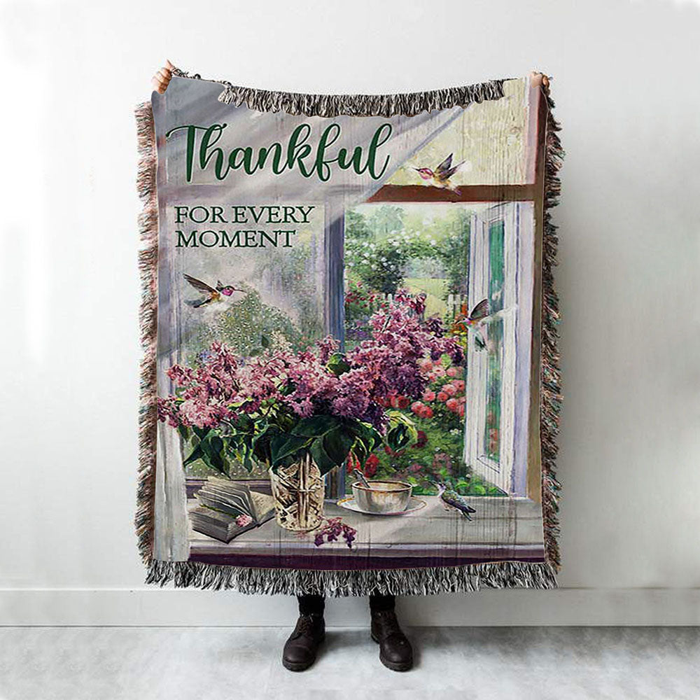 Thankful For Every Moment Lavender Peaceful Hummingbird Woven Blanket Print - Inspirational Woven Blanket Art - Christian Throw Blanket Home Decor