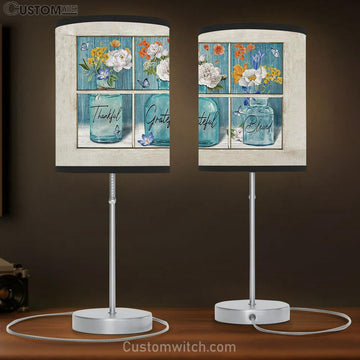 Thankful Grateful Blessed Flower Vases Butterfly Table Lamp Art - Christian Lamp Gift Decor - Bible Verse Table Lamp