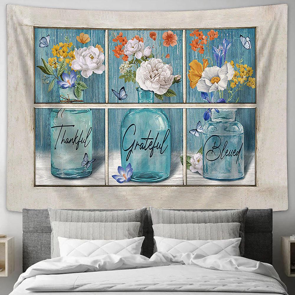 Thankful Grateful Blessed Flower Vases Butterfly Tapestry Art - Christian Wall Art Decor - Bible Verse Tapestry
