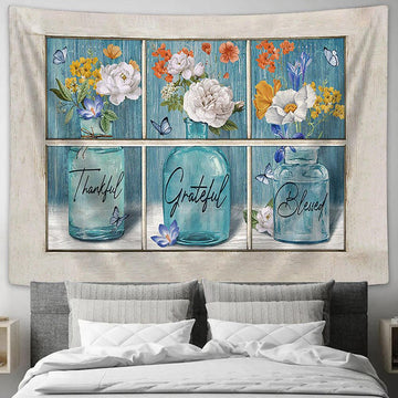 Thankful Grateful Blessed Flower Vases Butterfly Tapestry Art - Christian Wall Art Decor - Bible Verse Tapestry
