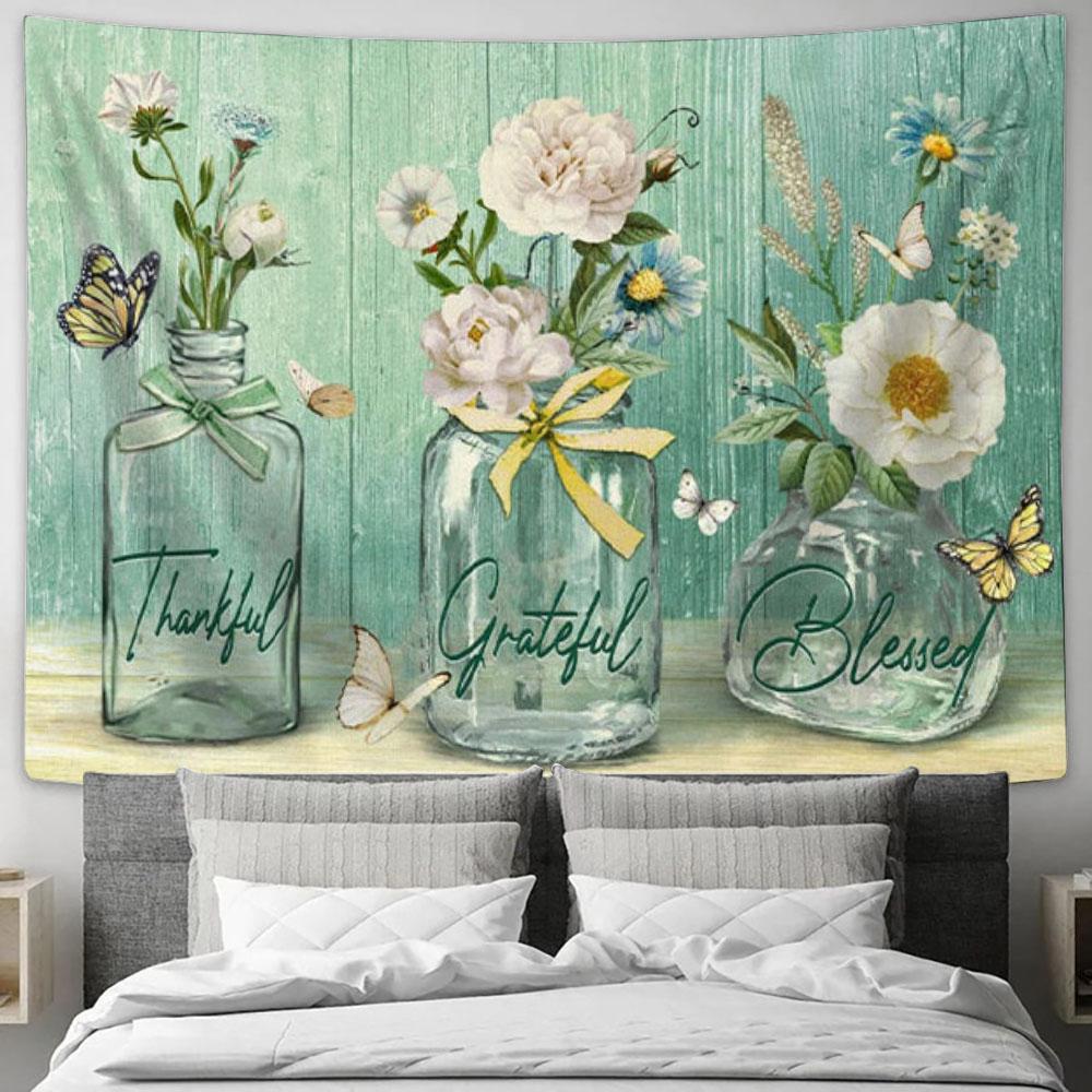 Thankful Grateful Blessed Tapestry Wall Art - Butterfly Flower - Christian Wall Decor