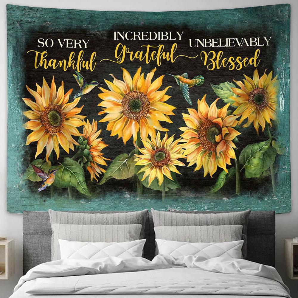Thankful Grateful Blesses Sunflower Hummingbird Tapestry Art - Bible Verse Wall Art - Wall Decor Christian