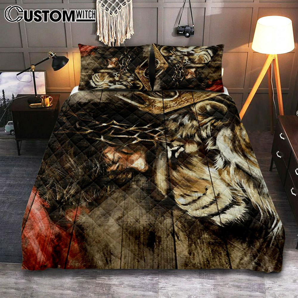 The Combination Of Jesus And Lion Quilt Bedding Set Prints - Jesus Christ Quilt Bedding Set Art - Christian Cover Twin Bedding Decor