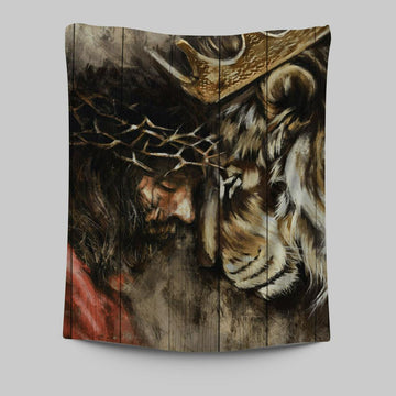 The Combination Of Jesus And Lion Tapestry Prints - Jesus Christ Tapestry Art - Christian Wall Decor
