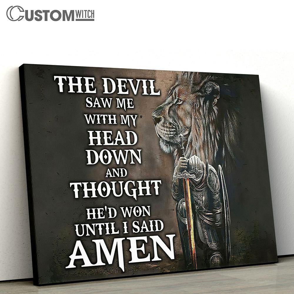 The Devil Saw Me With My Head Down Canvas - Knight Kneel And Lion Canvas Art - Christian Wall Art - Religious Wall Decor