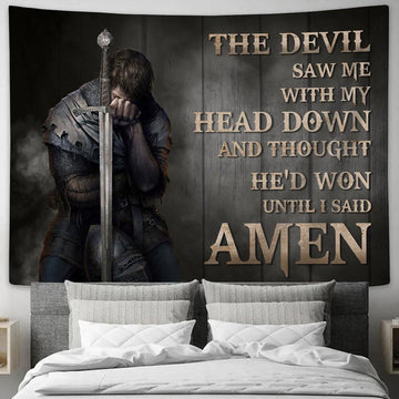 The Devil Saw Me With My Head Down Knight Kneel Tapestry Art - Christian Wall Art - Religious Wall Decor