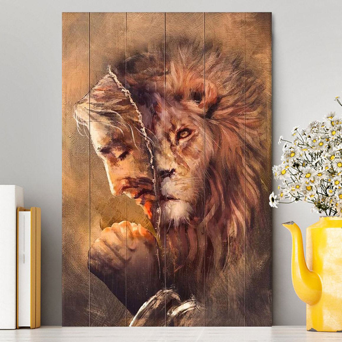 The Face Lion And Jesus Prays Canvas Prints - Lion Canvas Art - Christian Inspirational Canvas