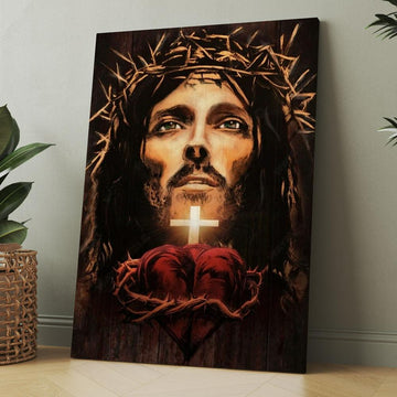 The Face Of Jesus Heart Crown Of Thorn Canvas, Christmas Gift for Christian