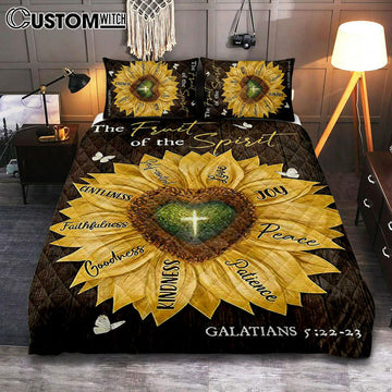 The Fruit Of The Spirit Sunflower Heart Shape Cross Quilt Bedding Set Bedroom - Bible Verse Quilt Bedding Set Art - Christian Home Decor