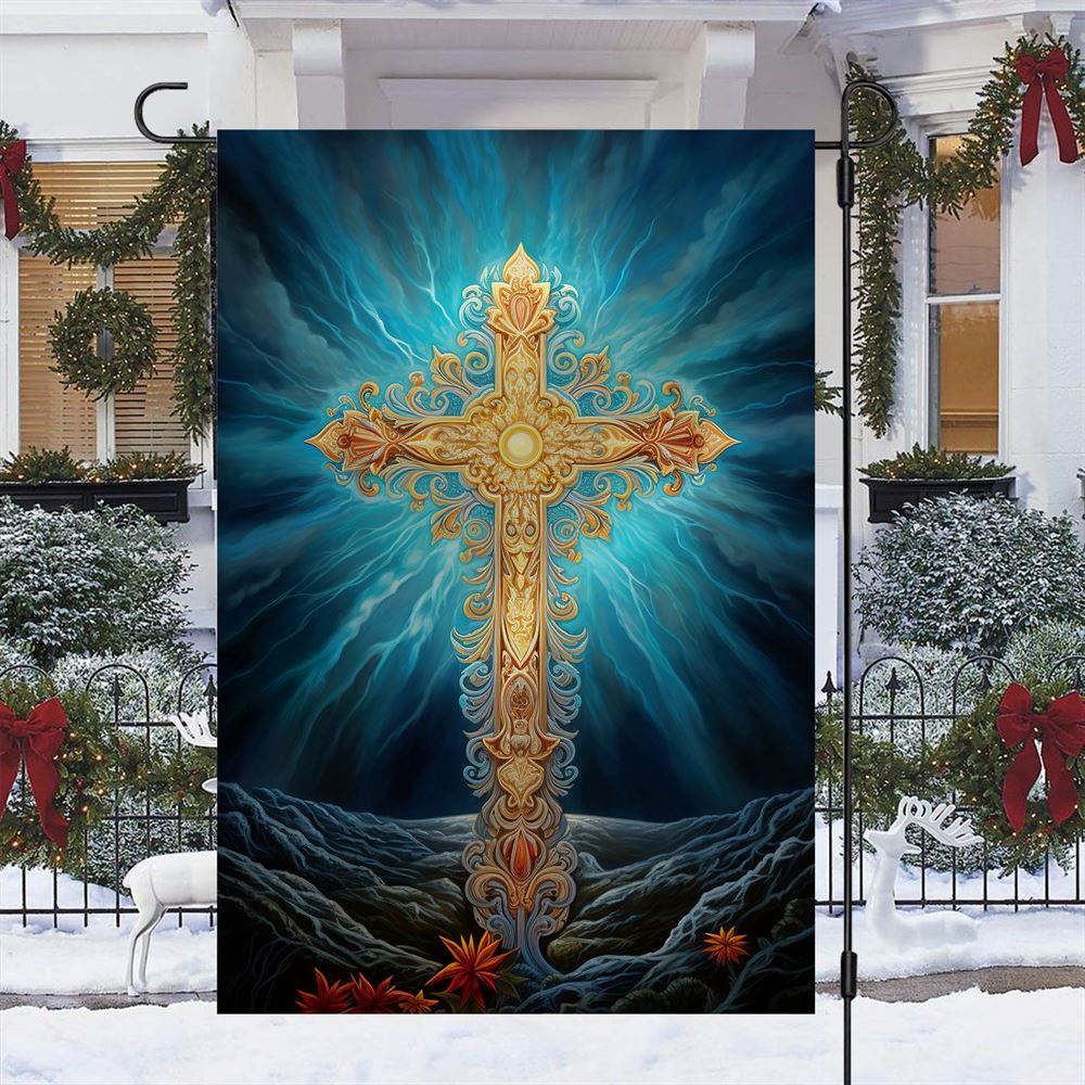 The Golden Cross Amidst Ethereal Skies Flag, Christian Christmas House Flag, Christmas Outdoor Decor Ideas