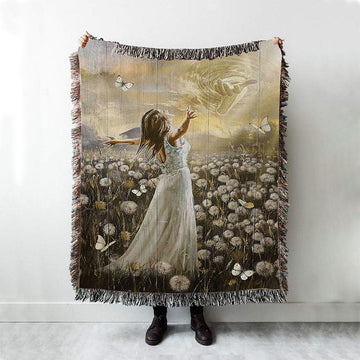 The Hand Of God Beautiful Girl Dandelion Field Woven Blanket Art - Christian Art - Bible Verse Throw Blanket - Religious Home Decor