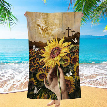 The Hand Of God Sunflower Field White Butterfly Beach Towel - Christian Art - Bible Verse Beach Towel - Religious Beach Towel