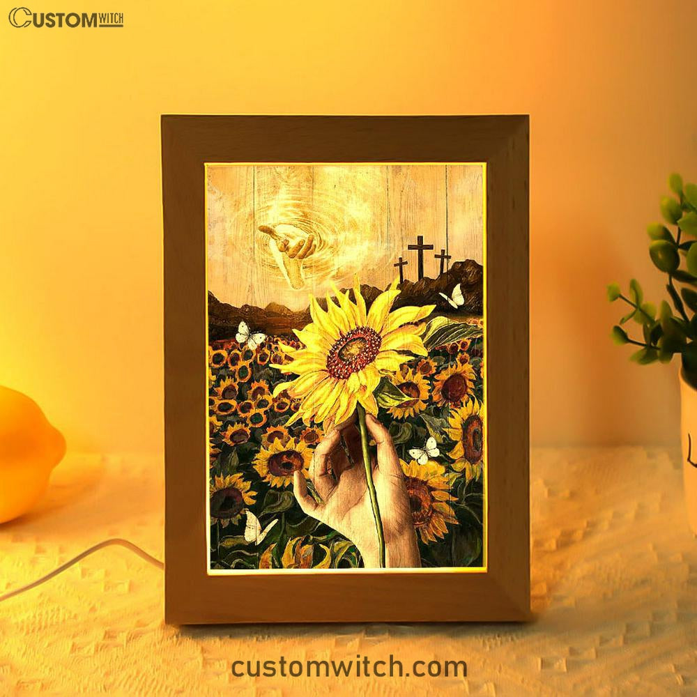 The Hand Of God Sunflower Field White Butterfly Frame Lamp Art - Christian Art - Bible Verse Art - Religious Home Decor