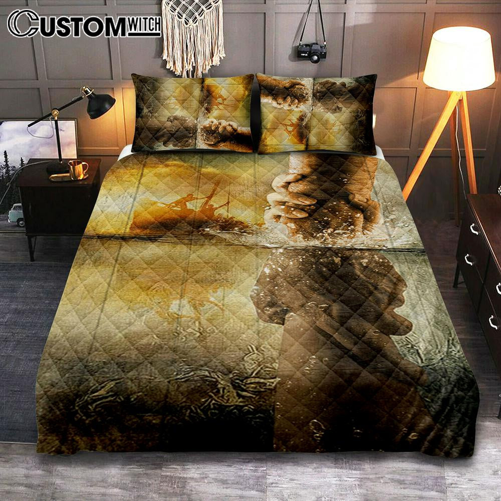 The Hand Of Jesus Ocean Quilt Bedding Set - Jesus Is Our Savior Quilt Bedding Set Prints - Jesus Christ Quilt Bedding Set Art - Christian Cover Twin Bedding Decor