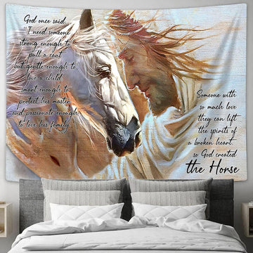 The Horse And Jesus Tapestry Wall Art - God Created The Horse Wall Decor - Jesus Christ Tapestry - Christian Tapestry Prints