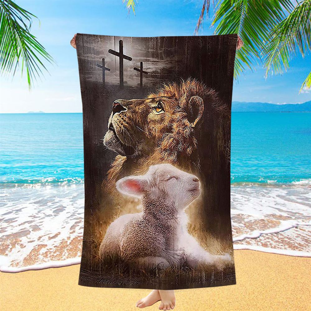 The King Lion Lamb Cross Beach Towel - Lion Beach Towel - Christian Inspirational Beach Towel