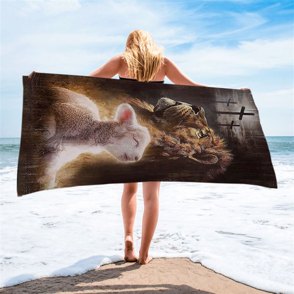 The King Lion Lamb Cross Beach Towel - Lion Beach Towel - Christian Inspirational Beach Towel