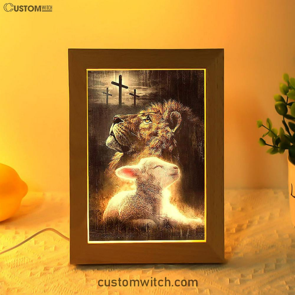 The King Lion Lamb Cross Frame Lamp Prints - Lion Frame Lamp Art - Christian Inspirational Frame Lamp
