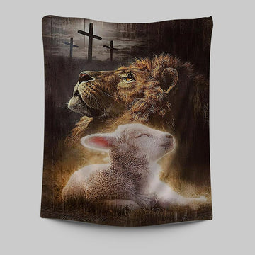 The King Lion Lamb Cross Tapestry Prints - Lion Tapestry Art - Christian Inspirational Tapestry