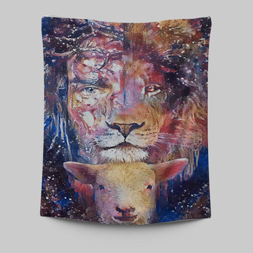 The Lamb With The Lion Tapestry Prints - Christian Wall Decor - Bible Verse Tapestry Art