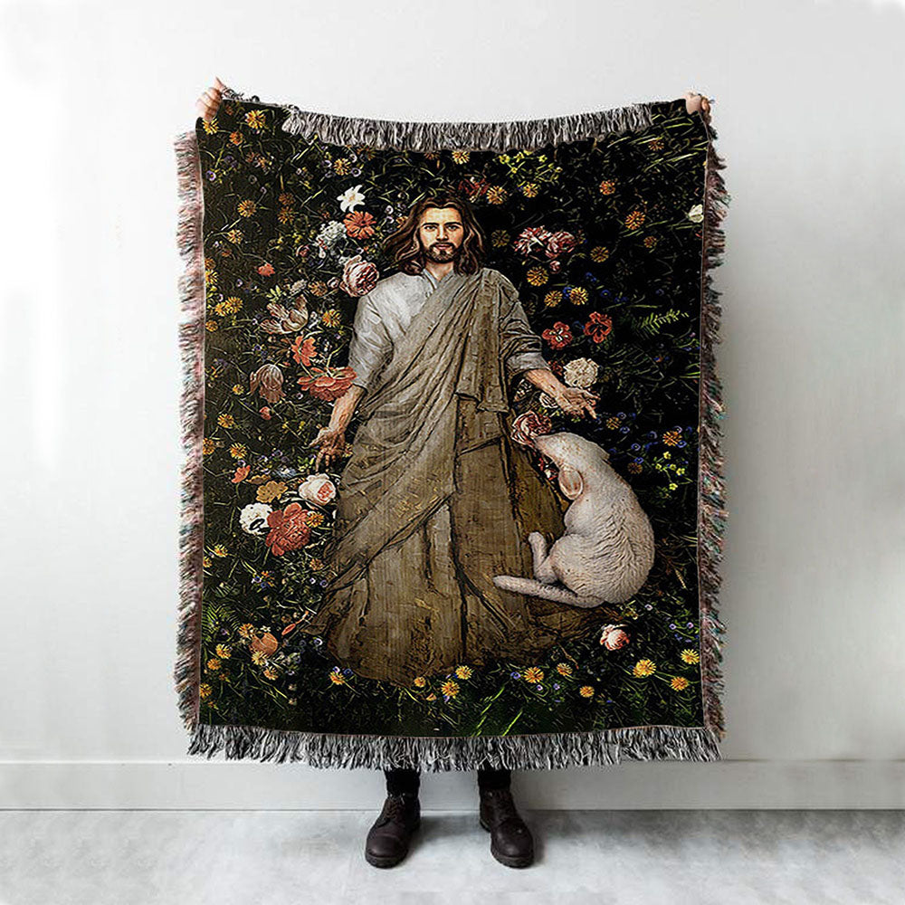 The Life Of Jesus And White Sheep Flower Garden Woven Blanket Print - Inspirational Woven Blanket Art - Christian Throw Blanket Home Decor