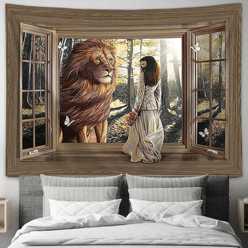 The Lion And Girl Tapestry Art - Lion Tapestry Wall Decor - Christian Scripture Tapestry