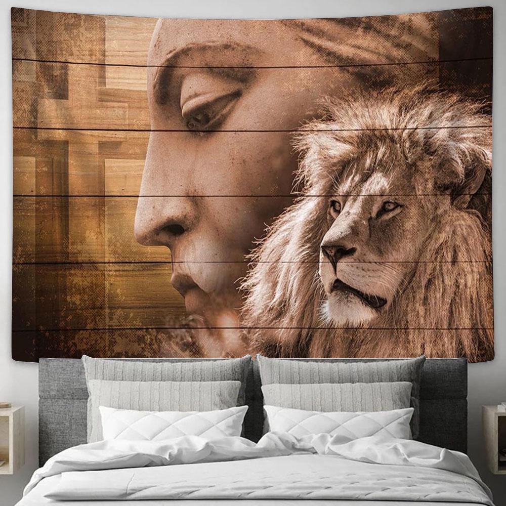 The Lion Cross Tapestry Art - Lion Tapestry Wall Decor - Christian Scripture Tapestry