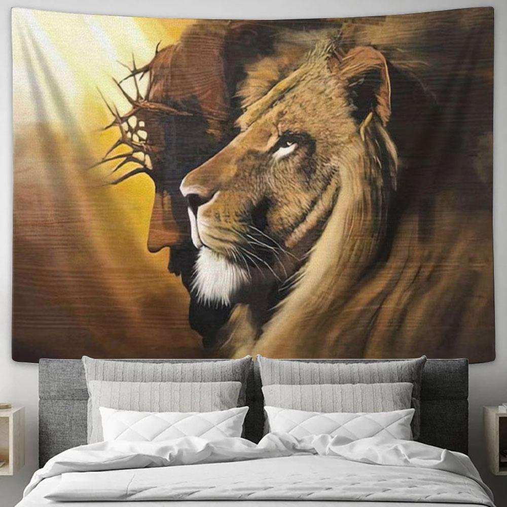 The Lion Of Judah Jesus Christ Tapestry Wall Art - Lion And Jesus Picture - Christian Wall Decor