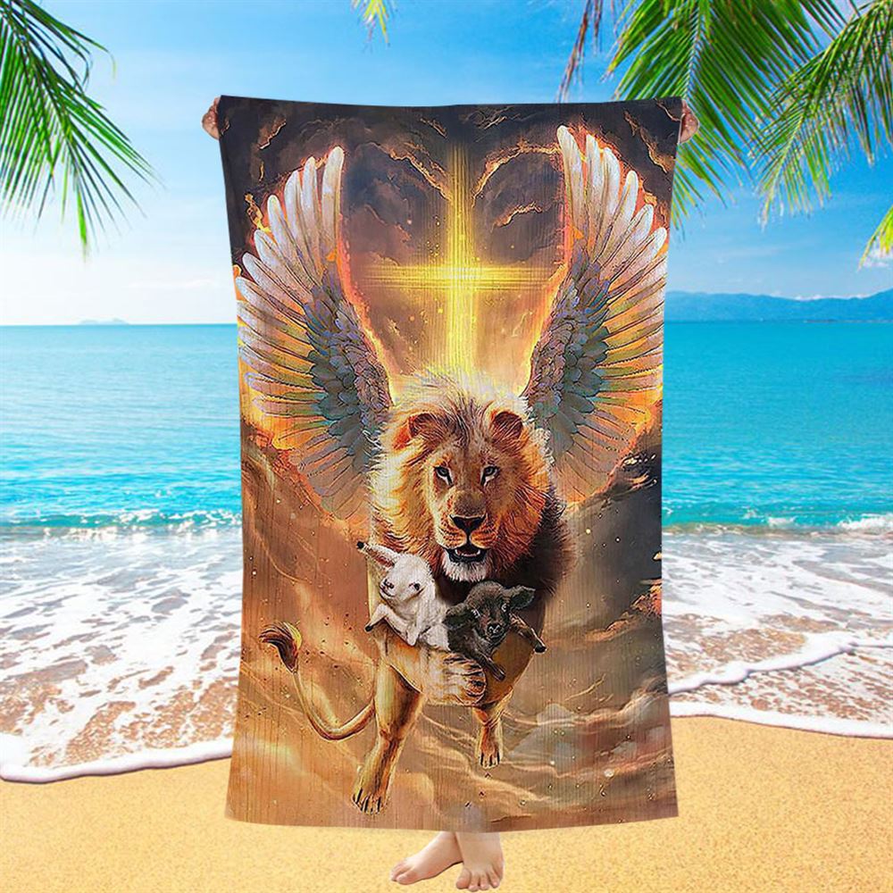 The Lion Wing Lambs Cross Beach Towel - Lion Beach Towel - Christian Inspirational Beach Towel