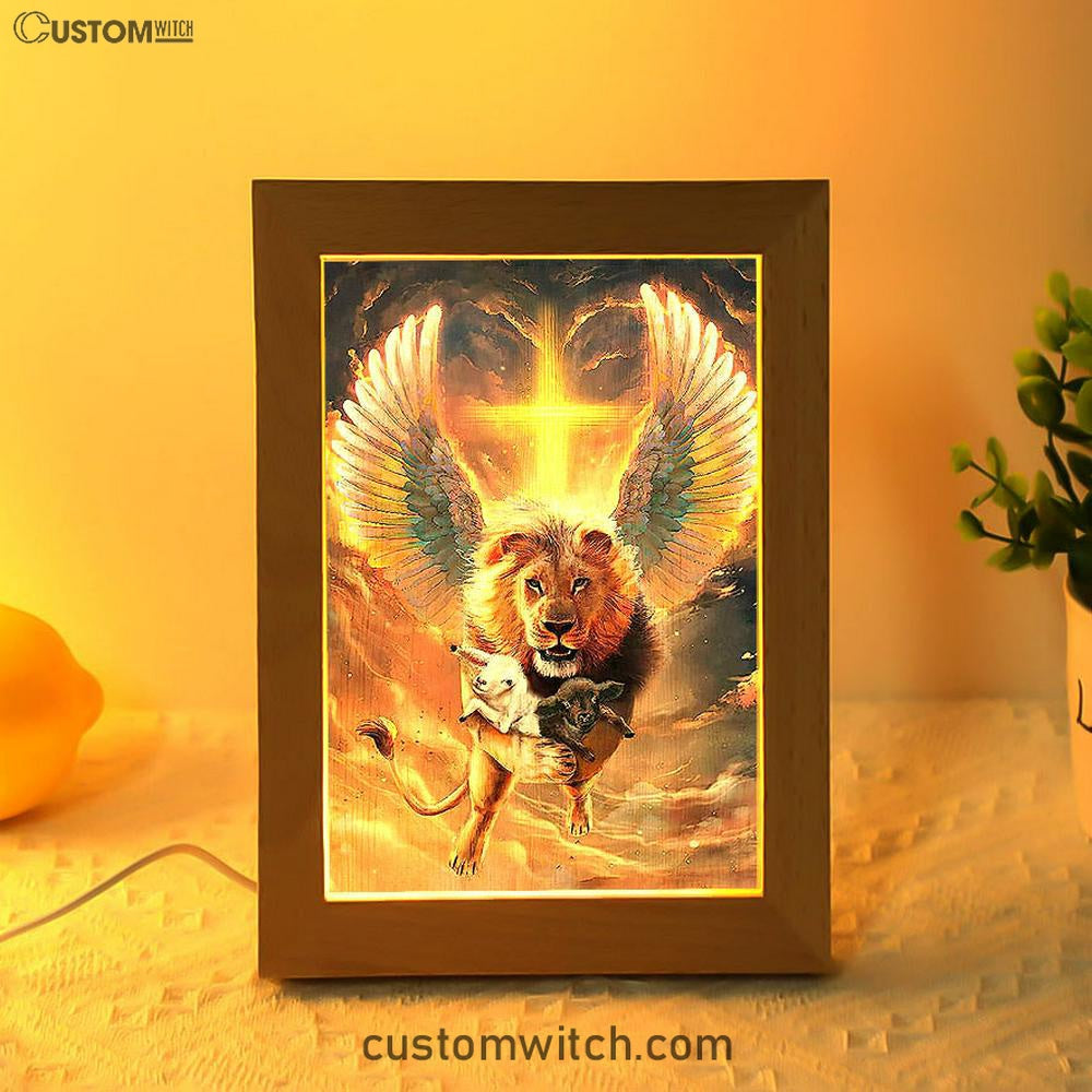 The Lion Wing Lambs Cross Frame Lamp Prints - Lion Frame Lamp Art - Christian Inspirational Frame Lamp