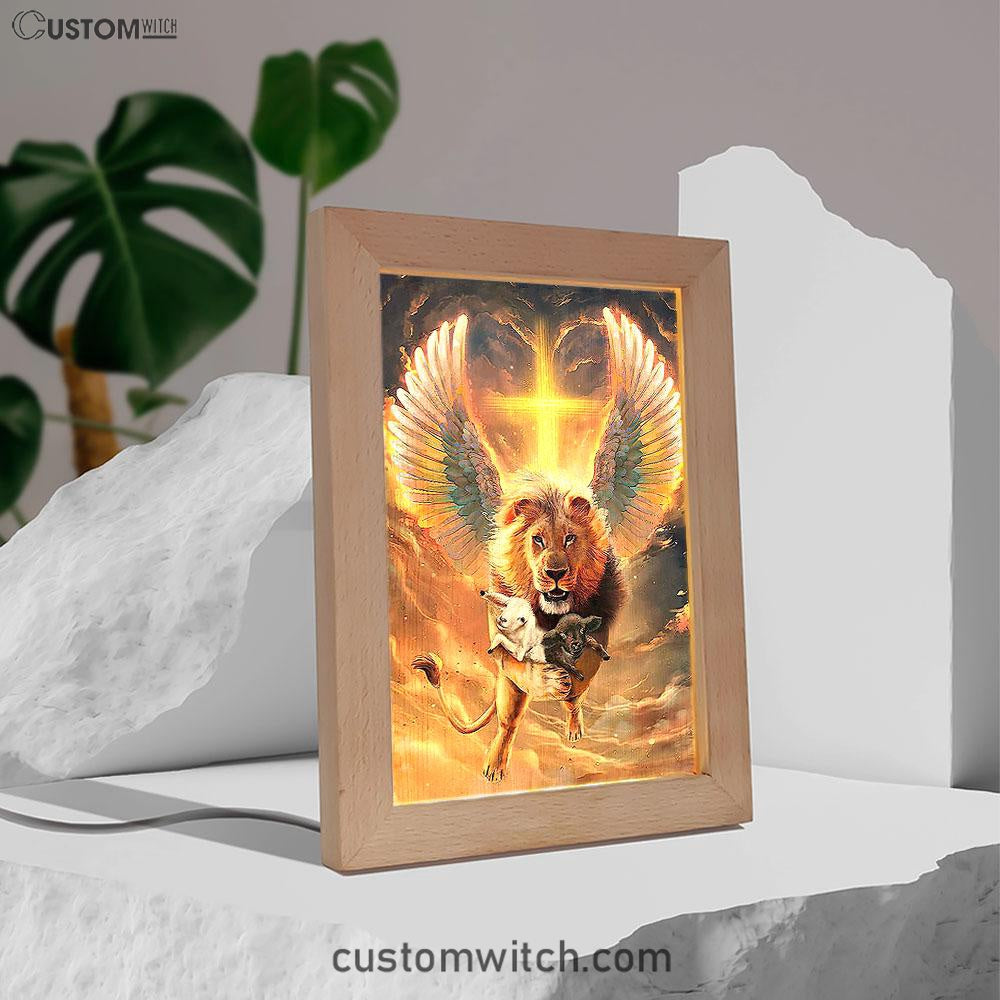The Lion Wing Lambs Cross Frame Lamp Prints - Lion Frame Lamp Art - Christian Inspirational Frame Lamp