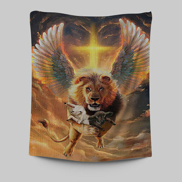 The Lion Wing Lambs Cross Tapestry Prints - Lion Tapestry Art - Christian Inspirational Tapestry
