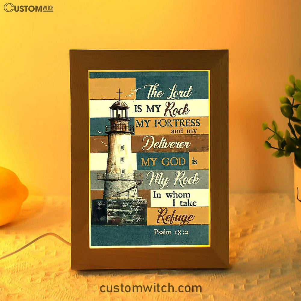 The Lord Is My Rock Lighthouse Wood Cross Frame Lamp Print - Inspirational Frame Lamp Art - Christian Art Home Decor