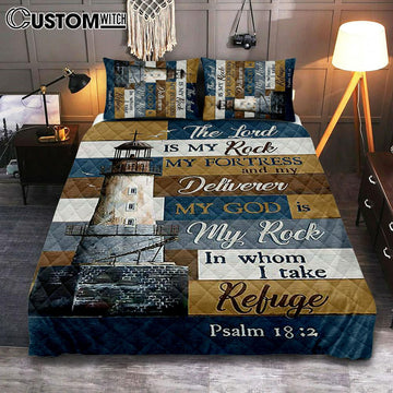 The Lord Is My Rock Lighthouse Wood Cross Quilt Bedding Set Print - Inspirational Quilt Bedding Set Art - Christian Bedroom Home Decor