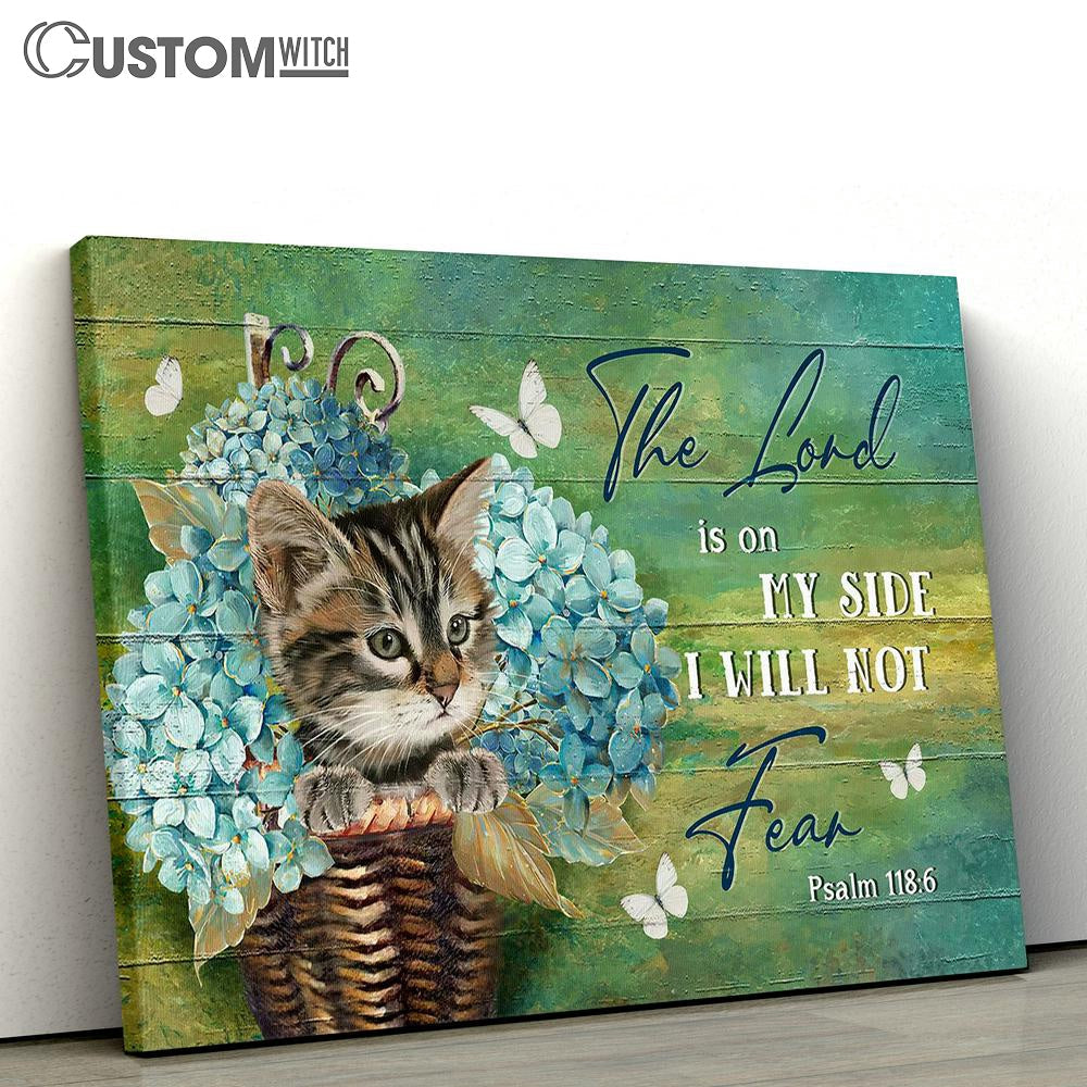 The Lord Is On My Side Blue Hydrangea Vase, Little Cat Wall Art Canvas - Christian Wall Art - Religious Art