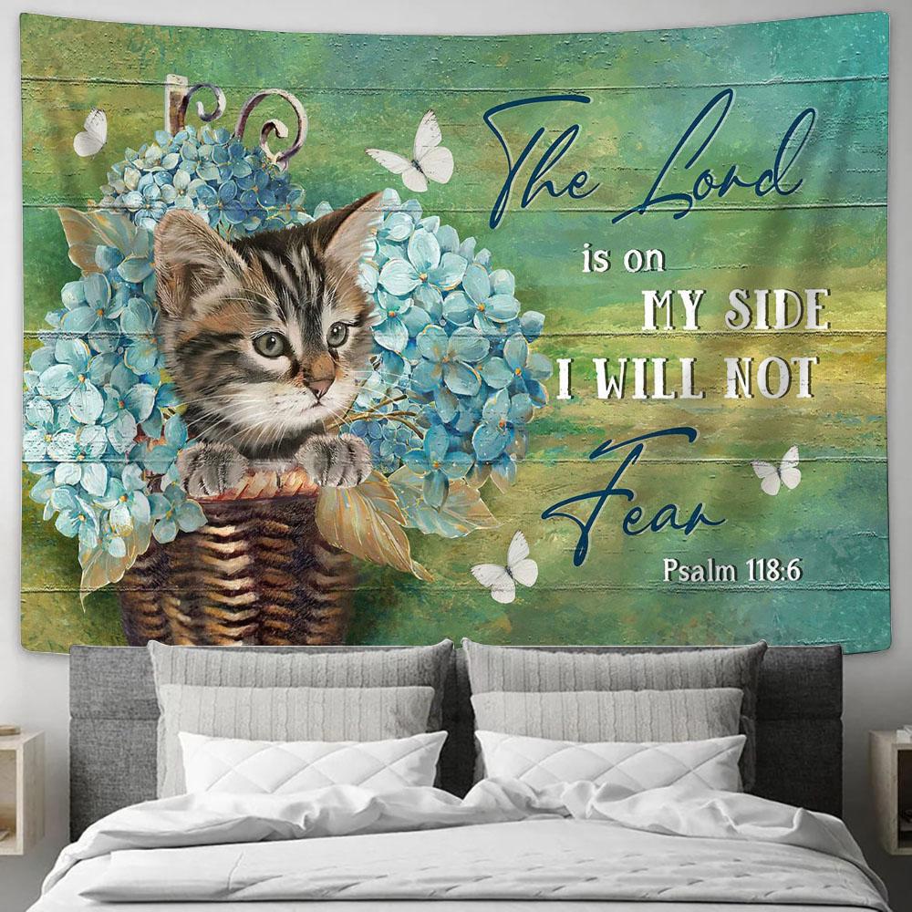 The Lord Is On My Side Blue Hydrangea Vase, Little Cat Wall Art Tapestry - Christian Wall Art - Religious Art