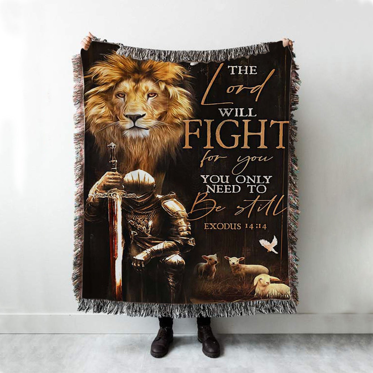 The Lord Will Fight For You Woven Blanket - Lambs Lion Of Judah Knight Of God Woven Blanket Print - Inspirational Woven Blanket Art - Christian Wall Art Home Decor