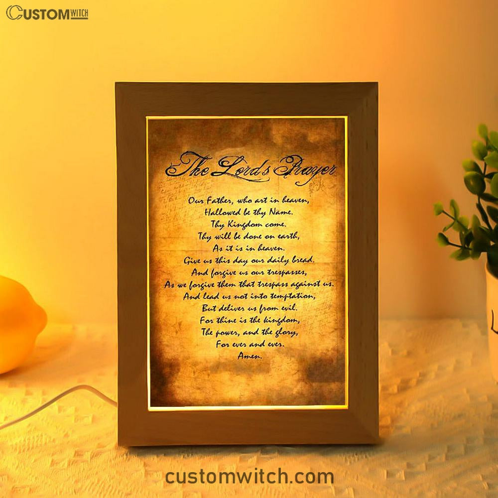 The Lord&#39;s Prayer Matthew 6 9 13 Brown Frame Lamp Print - Christian Night Light Decor