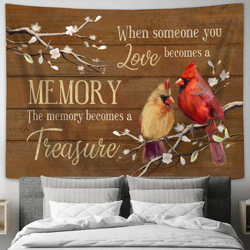 The Memory Becomes A Treasure White Peach Blossom Cardinal Tapestry Art - Bible Verse Wall Art - Wall Decor Christian