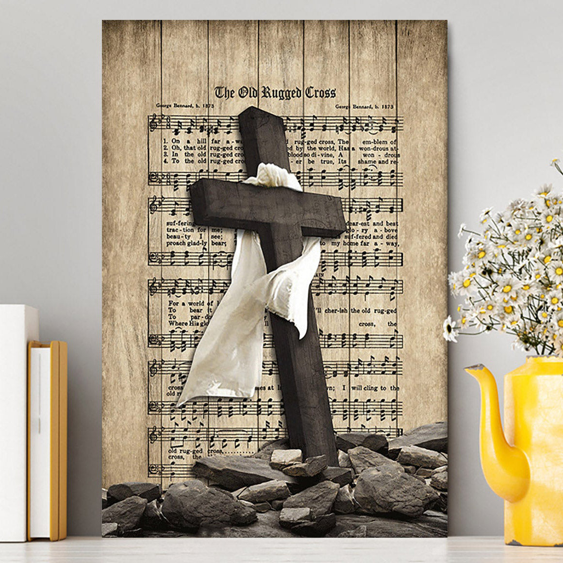 The Old Rugged Cross Canvas - Black Cross White Silk Music Sheet Canvas Wall Art - Bible Verse Canvas Art - Christian Home Decor