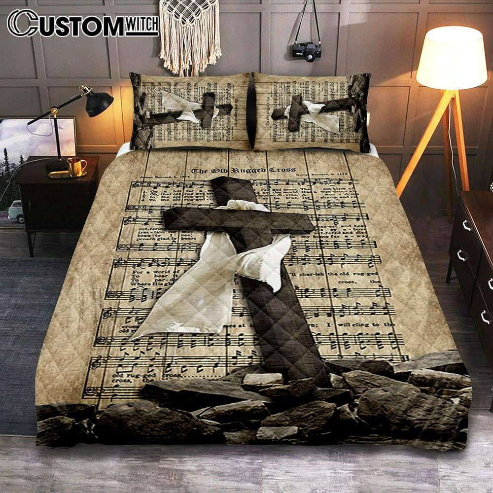 The Old Rugged Cross Quilt Bedding Set - Black Cross White Silk Music Sheet Quilt Bedding Set Bedroom - Bible Verse Quilt Bedding Set Art - Christian Home Decor