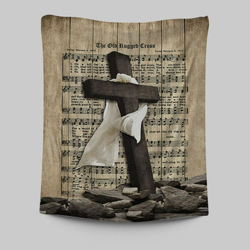 The Old Rugged Cross Tapestry - Black Cross White Silk Music Sheet Tapestry Wall Art - Bible Verse Tapestry Art -  Christian Indoor Wall Tapestries