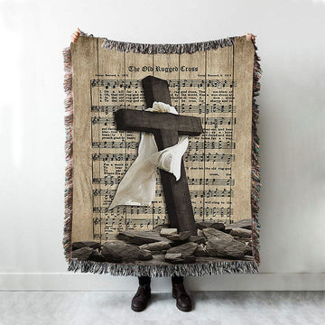 The Old Rugged Cross Woven Blanket - Black Cross White Silk Music Sheet Woven Throw Blanket - Bible Verse Woven Blanket Art - Christian Home Decor