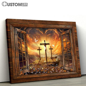 The Three Crosses Path To Heaven Sunset Canvas Art - Bible Verse Wall Art - Wall Decor Christian