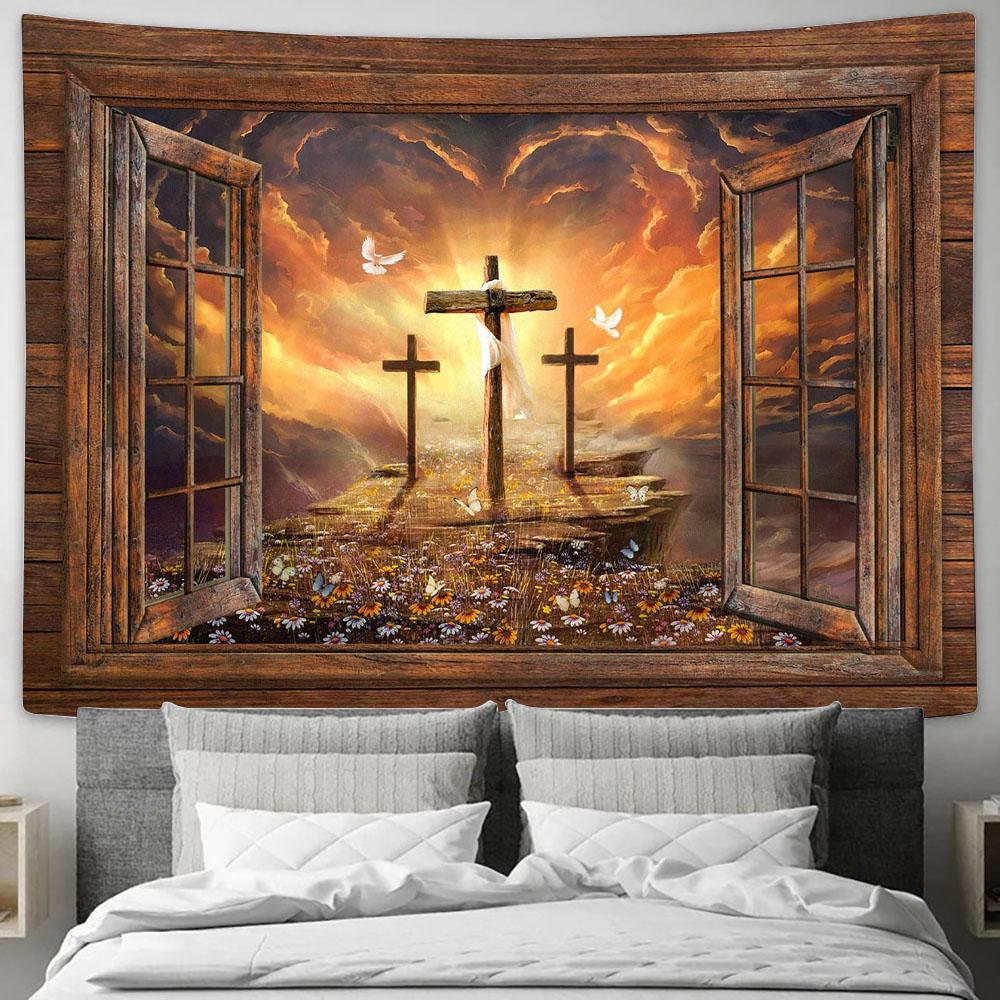 The Three Crosses Path To Heaven Sunset Tapestry Art - Bible Verse Wall Art - Wall Decor Christian